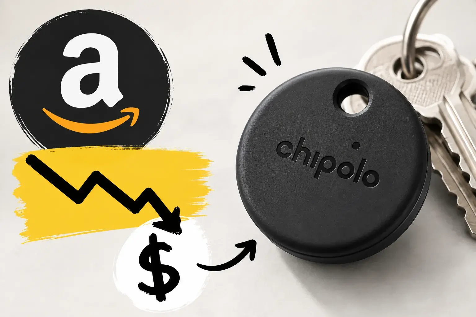 Tracking device (Chipolo) next to a set of keys; background shows Amazon logo and a downward trend line, suggesting price or value drop for items found or tracked by Chipolo scripts.