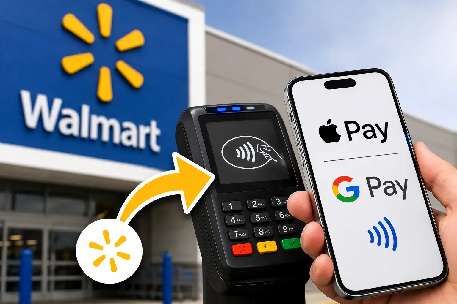 Walmart storefront with a card reader and a smartphone showing Apple Pay and Google Pay for contactless payment.